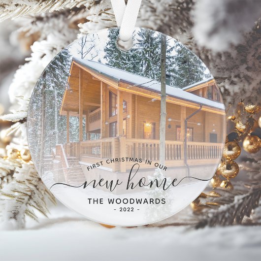 Custom Foto First Christmas Neue Zuhause Grau Scri Ornament