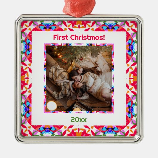 Custom Foto First Christmas New Weds New Zuhause Ornament Aus Metall (Vorne)