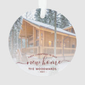 Custom Foto First Christmas New Zuhause Red Script Ornament (Rückseite)