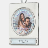 Custom Foto First Christmas Together Lila Blue Banner-Ornament Silber (Links)