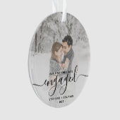 Custom Foto First Christmas Verlobt Black Script Ornament (Vorderseite)