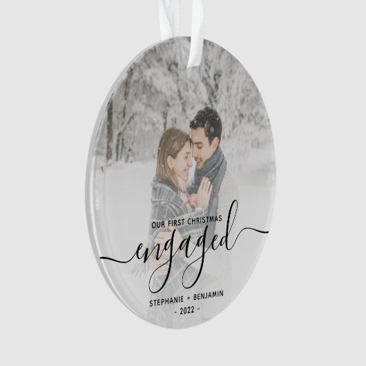 Custom Foto First Christmas Verlobt Black Script Ornament (Vorderseite)