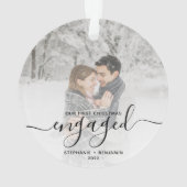 Custom Foto First Christmas Verlobt Black Script Ornament (Rückseite)