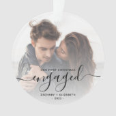 Custom Foto First Christmas Verlobt Black Script Ornament (Vorderseite)