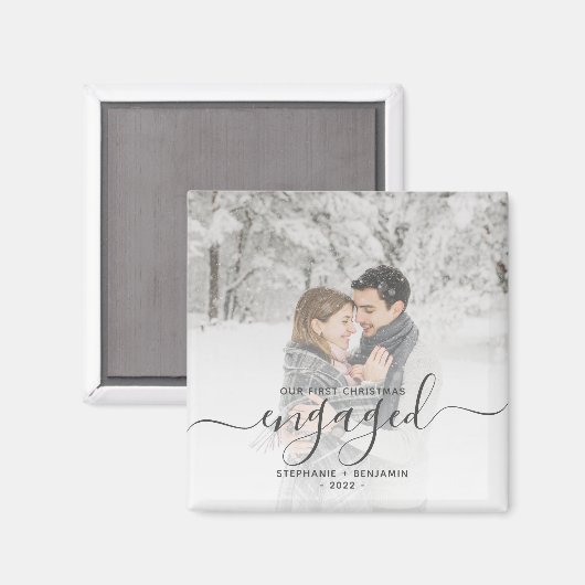 Custom Foto First Christmas Verlobt Grau Script Magnet (Vorderseite/Rückseite)