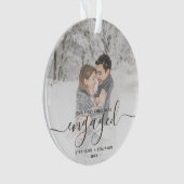Custom Foto First Christmas Verlobt Grau Script Ornament (Vorderseite)