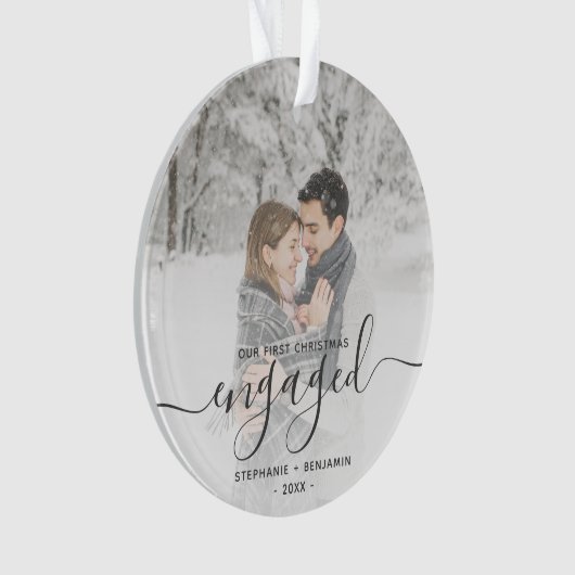 Custom Foto First Christmas Verlobt Grau Script Ornament (Vorderseite)