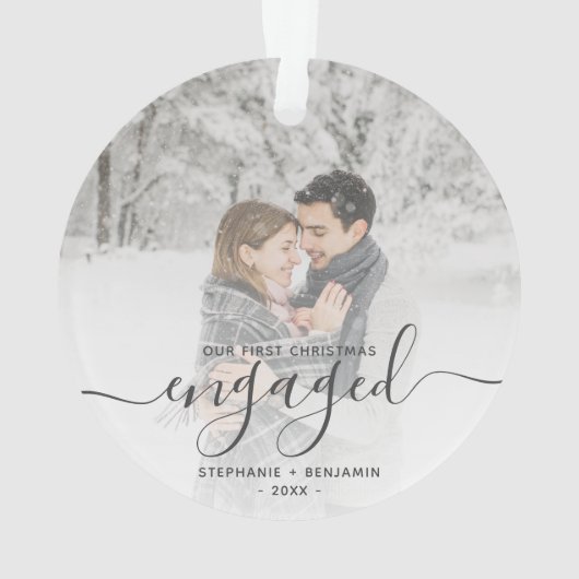 Custom Foto First Christmas Verlobt Grau Script Ornament (Rückseite)
