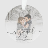 Custom Foto First Christmas Verlobt Grau Script Ornament (Vorderseite)