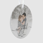 Custom Foto First Christmas Verlobt Grau Script Ornament (Vorderseite)