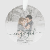 Custom Foto First Christmas Verlobt Green Script Ornament (Vorderseite)