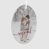 Custom Foto First Christmas Verlobt Red Script Ornament (Vorderseite)