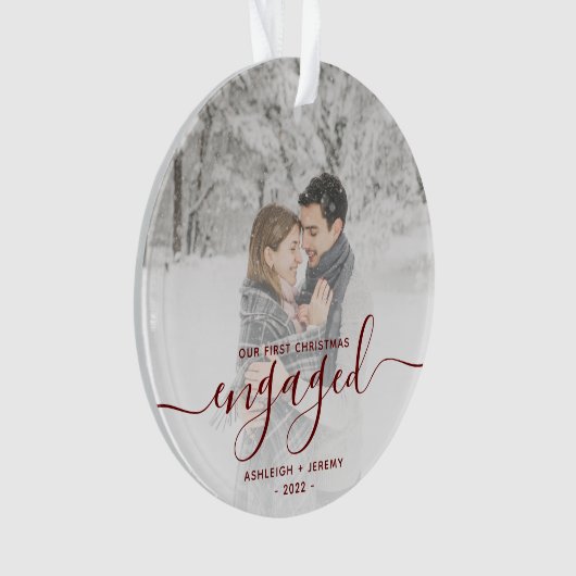 Custom Foto First Christmas Verlobt Red Script Ornament (Vorderseite)