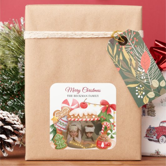 Custom Foto Gingerbrei House Weihnachten Quadratischer Aufkleber (Feiertag)