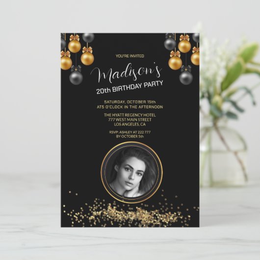 Custom Foto Gold & Black Birthday Einladung (Stehend Vorderseite)