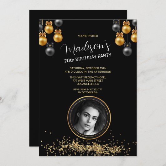 Custom Foto Gold & Black Birthday Einladung (Vorne/Hinten)