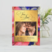 *Custom Foto Gold Red Blue Wedding Flat Save The Date (Stehend Vorderseite)
