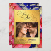 *Custom Foto Gold Red Blue Wedding Flat Save The Date (Vorne/Hinten)