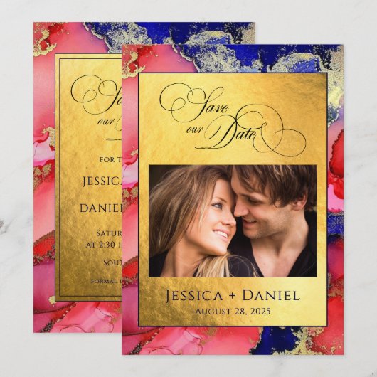 *Custom Foto Gold Red Blue Wedding Flat Save The Date (Vorne/Hinten)