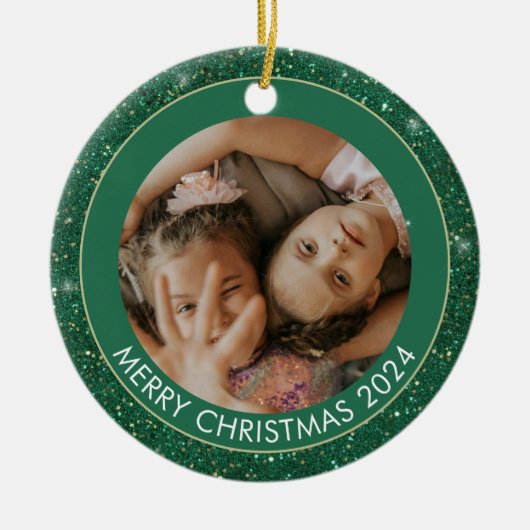 Custom Foto Green Glitzer Frohe Weihnachten Keramik Ornament (Vorne)