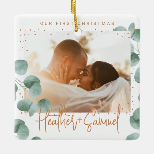 Custom Foto Greenery Merry und Verheiratetes Foto Keramikornament (Vorderseite)
