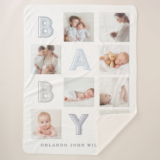 Custom Foto Grid Collage Modern Baby Block Letter Sherpadecke (Vorderseite)