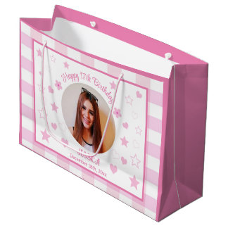 Custom Foto Happy 17. Geburtstag Rosa Kariert Große Geschenktüte