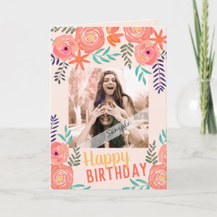 Custom Foto "Happy Birthday" Pink Coral Roses Karte