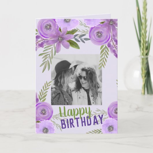 Custom Foto "Happy Birthday" Violet Lavender Karte (Vorderseite)
