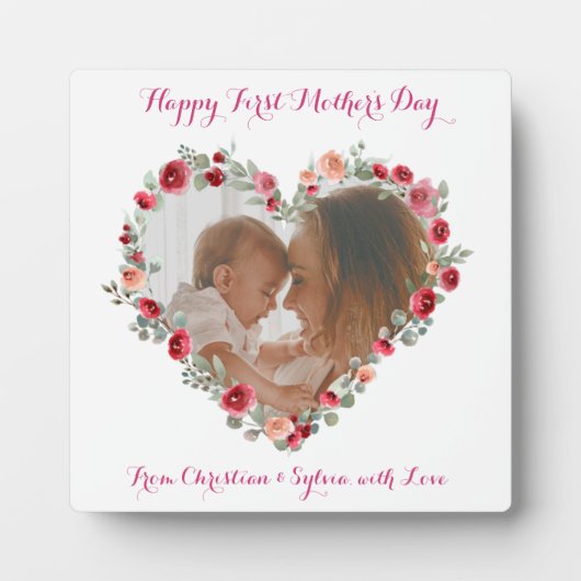 Custom Foto Happy First Mother's Day Blumenherz Fotoplatte (Vorderseite)