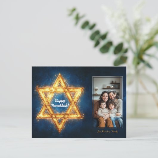 Custom Foto Happy Hanukkah ✡️, Star von David Postkarte (Stehend Vorderseite)
