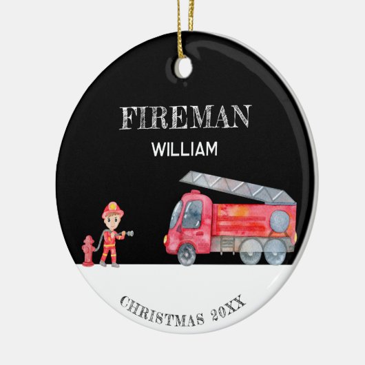 Custom Foto Keepake Fireman Weihnachts-Feuerwagen Keramik Ornament (Links)