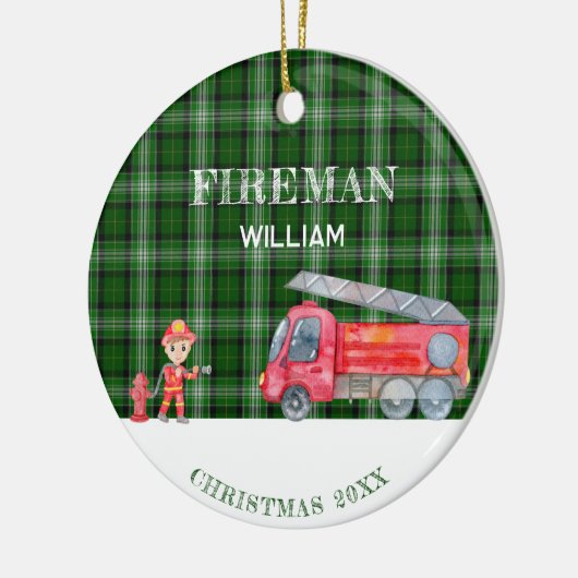 Custom Foto Keepake Fireman Weihnachts-Feuerwagen Keramik Ornament (Links)