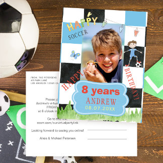 Custom Foto Kids Soccer Virtuelle Geburtstagsparty Einladungspostkarte