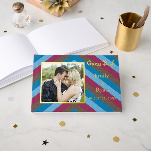 Custom Foto Let's Flamingle Gold Foil Striping Wed Gästebuch (Vorderseite Offen)
