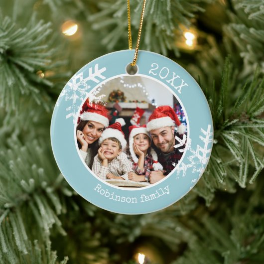 Custom Foto Light Blue Snowflake Keramik Ornament (Baum)