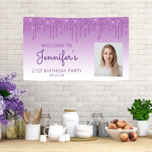 Custom Foto Lila Glitzer Tropfen 21. Geburtstag Banner