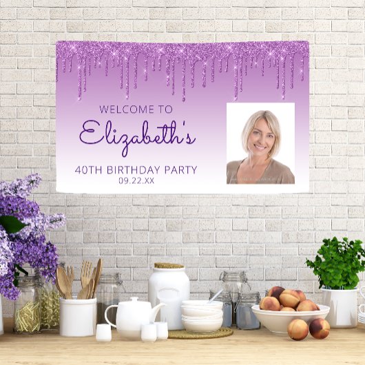 Custom Foto Lila Glitzer Tropfen 40. Geburtstag Banner