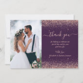 Custom Foto Lila Rose Gold Glitzer Hochzeit Dankeskarte (Vorderseite)
