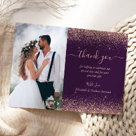 Custom Foto Lila Rose Gold Glitzer Hochzeit Dankeskarte