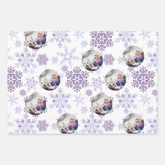 Custom Foto Lila Snowflakes Set 3 Geschenkpapier Set (Vorderseite)