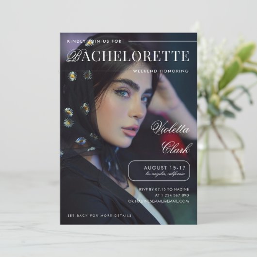 Custom Foto Magazine Cover Unique Bachelorette Einladung (Stehend Vorderseite)