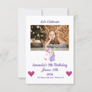 Custom Foto Magical Unicorn & Hearts Geburtstag Einladung