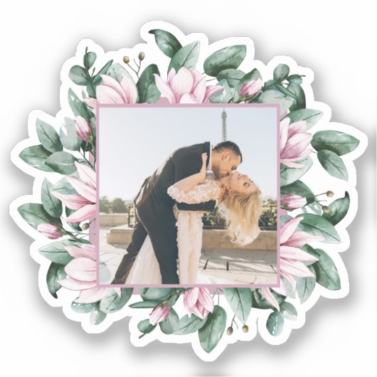Custom Foto Magnolia Blume Frame Wedding Aufkleber (Vorderseite)