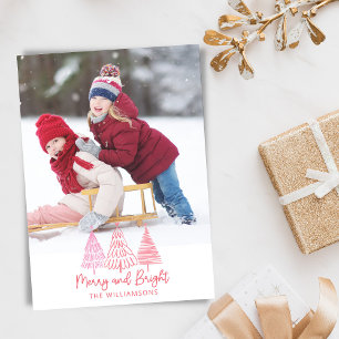 Custom Foto Merry Bright Pink Red Trees Weihnachte Feiertagskarte