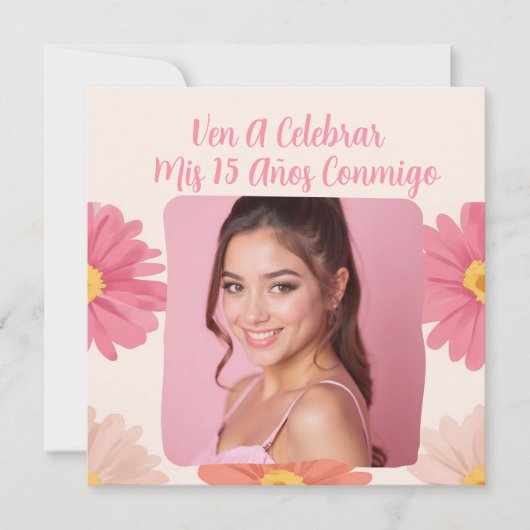 Custom Foto Mis Quince Flores Quinceañera Rosa Einladung (Vorderseite)
