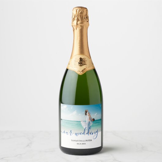 Custom Foto Modern Beach Hochzeit Schaumweinetikett (Vorderseite)