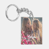 Custom Foto Modern Cursive Scattered Pink Hearts Schlüsselanhänger (Vorderseite links)