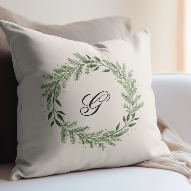 Custom Foto Monogram Pine Kranz Weihnachtsgeschenk Kissen (Von Creator hochgeladen)