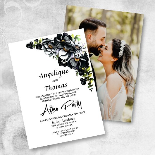 Custom Foto Moody Black Floral Hochzeitsempfang Einladung